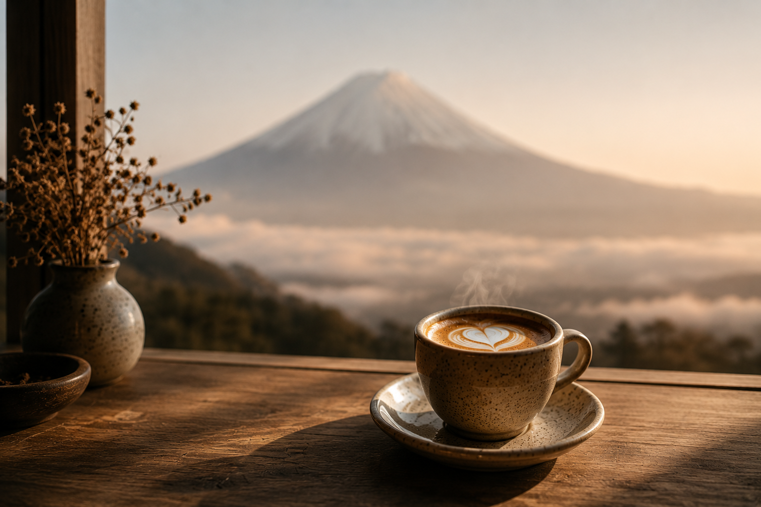 Tasse Kaffee mit Blick auf den Berg yama