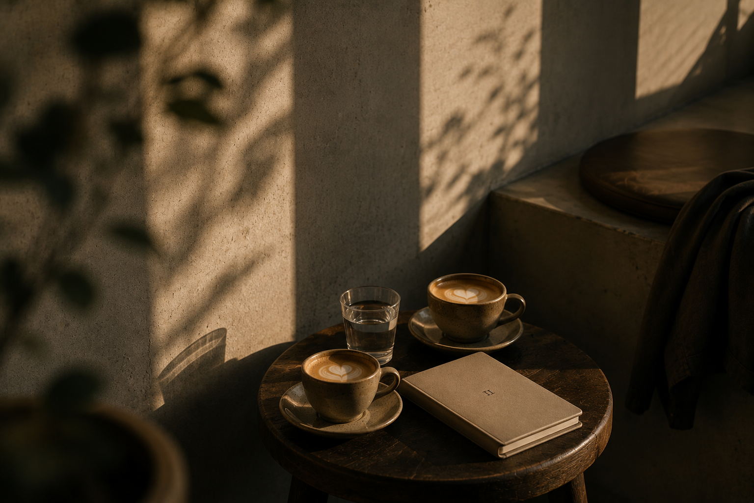 Zwei Tassen Kaffee mit Notizbuch — Pause im warmen Nachmittagslicht